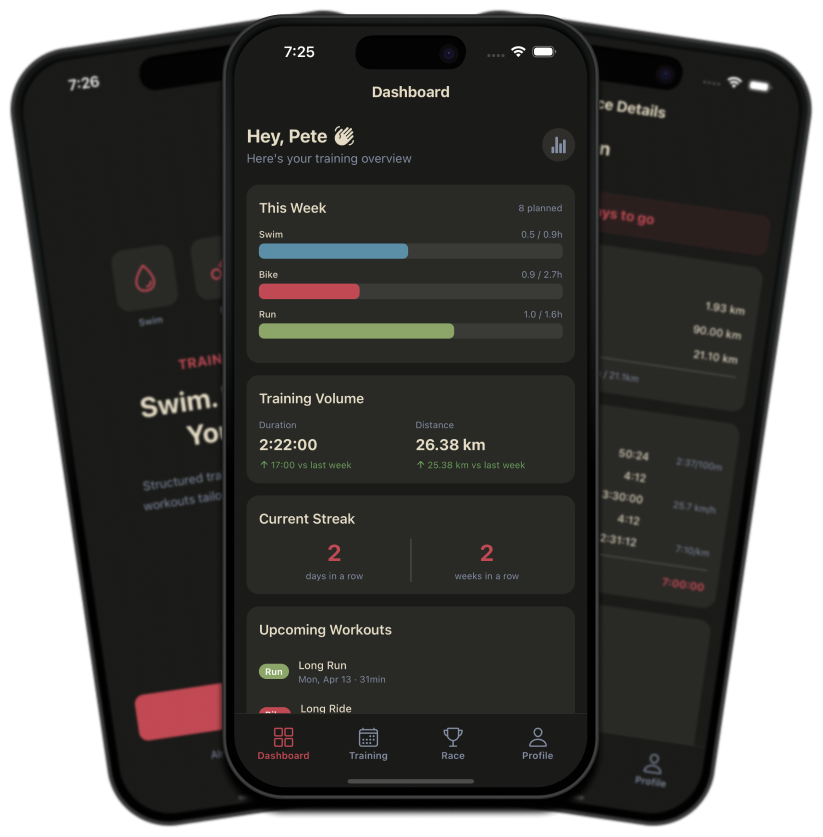 Three phone screens displaying TriTrain app